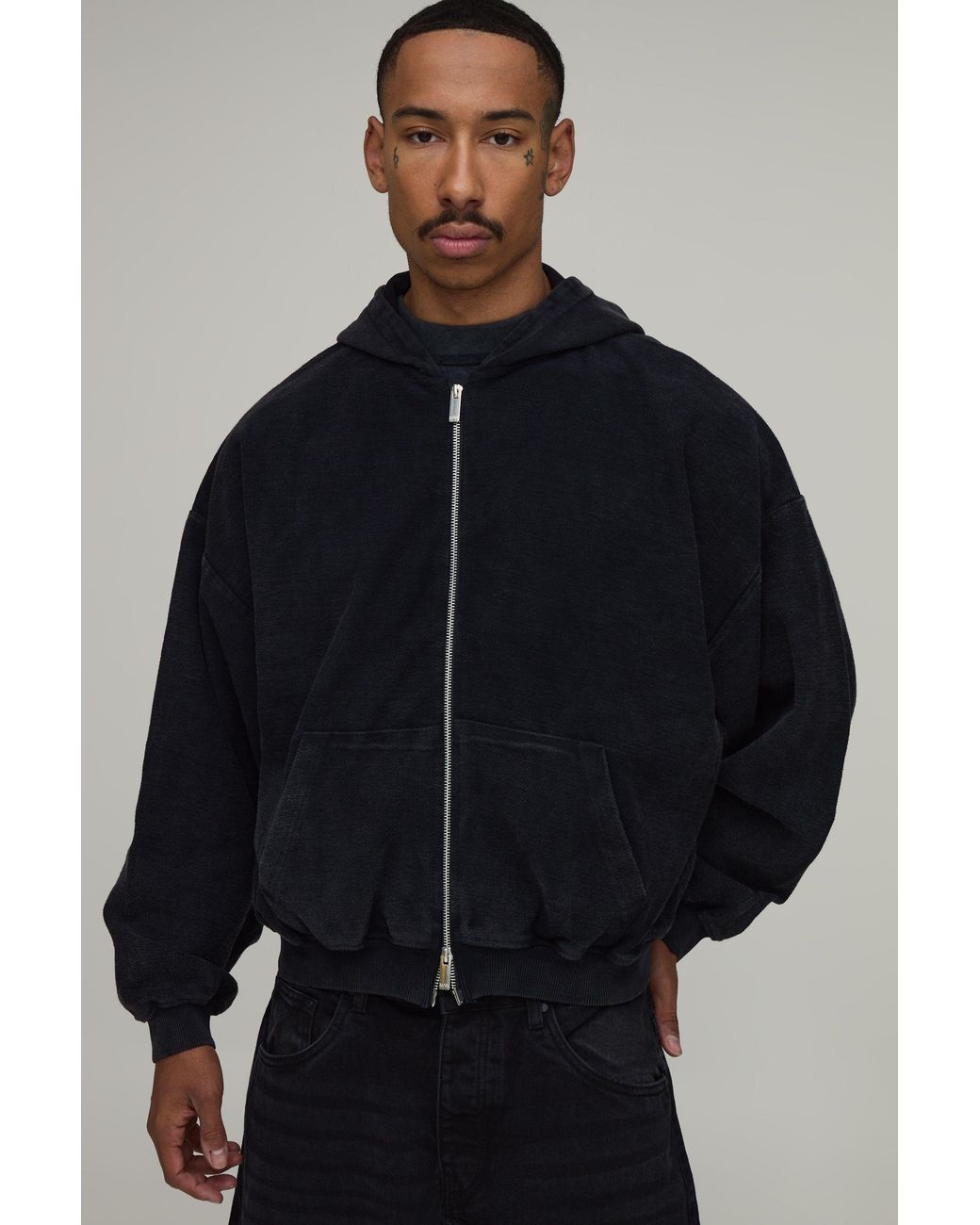 BoohooMAN Blue Oversized Boxy Drop Shoulder Loopback Wash Zip Through Hoodie for men