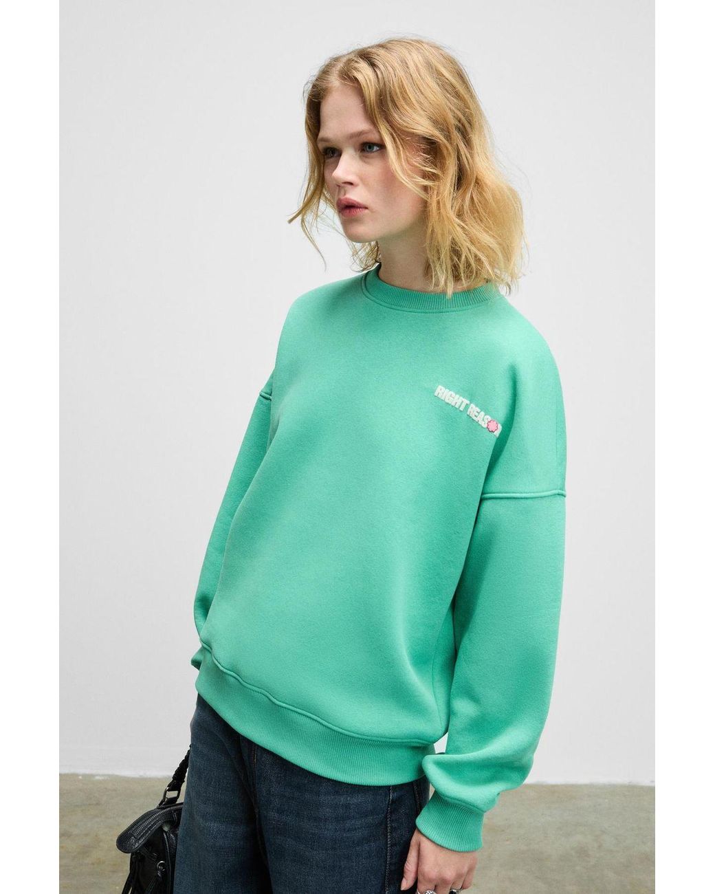 Grimelange Green Oversized Crew Neck Printed Sweatshirt