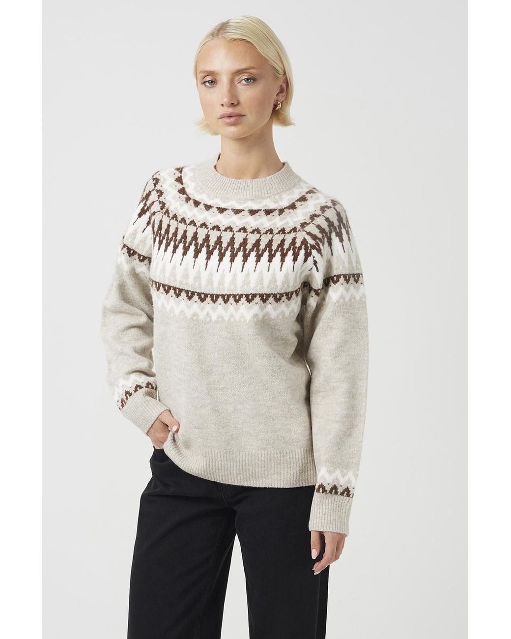 Brave Soul Natural Crew Neck Fairisle Jumper