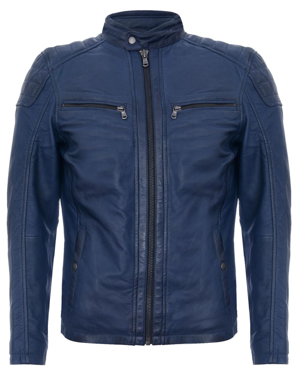 Infinity Leather Blue Vintage Quilted Racing Zipped Biker Jacket for men