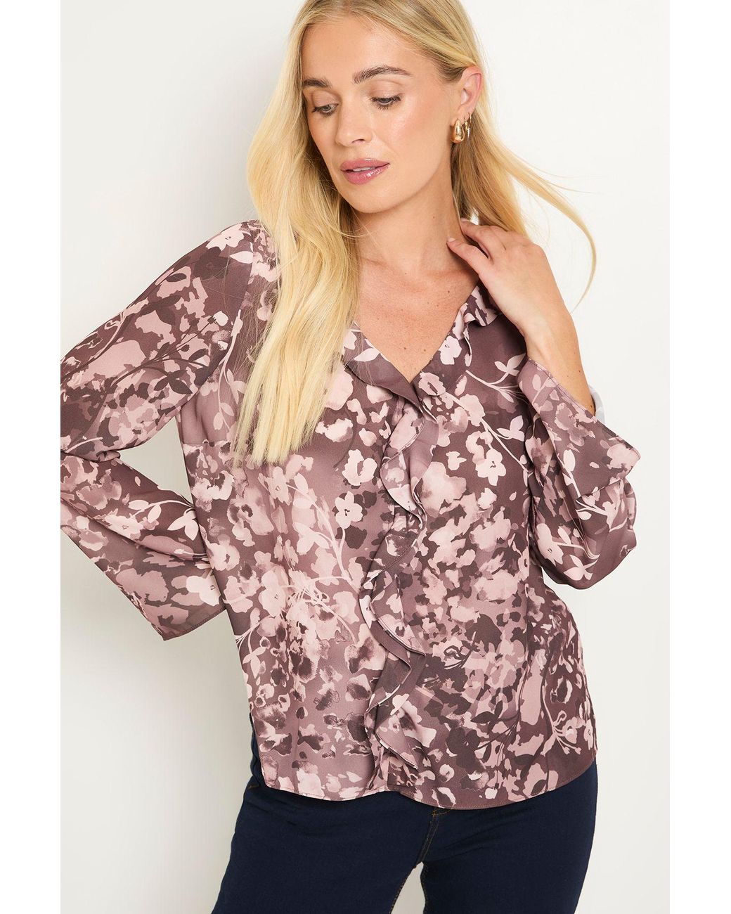Wallis Red Petite Floral Ruffle Detail V Neck Blouse