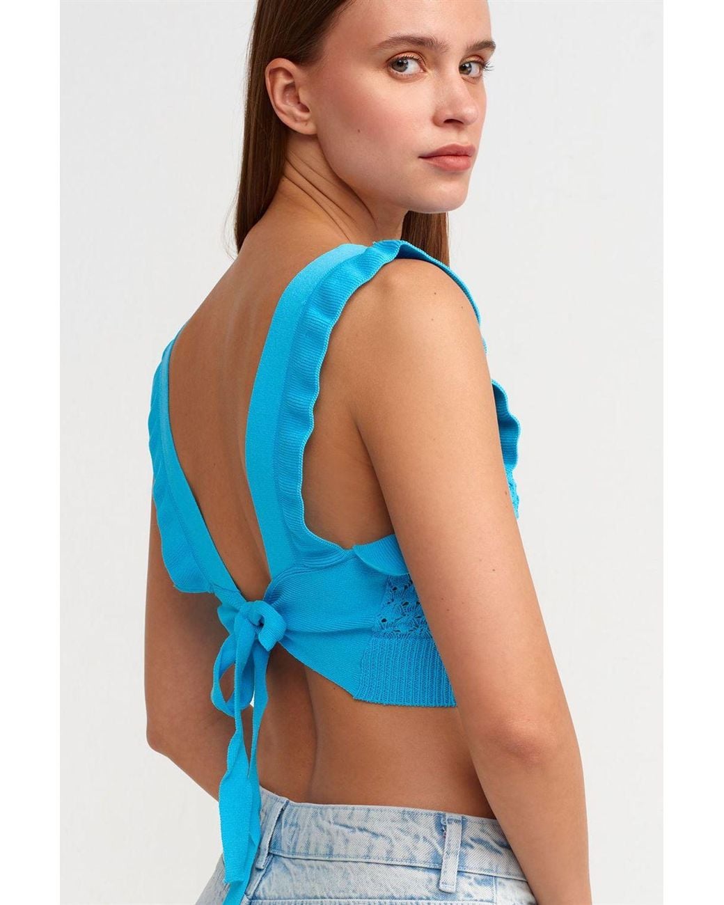 Dilvin Blue Textured Sleeveless Crop Blouse With Tie Detail