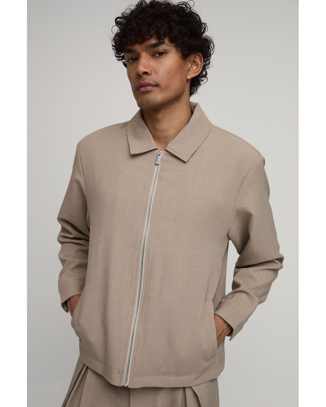 BoohooMAN Natural Tailored Regular Fit Zip Up Co-Ord Overshirt for men