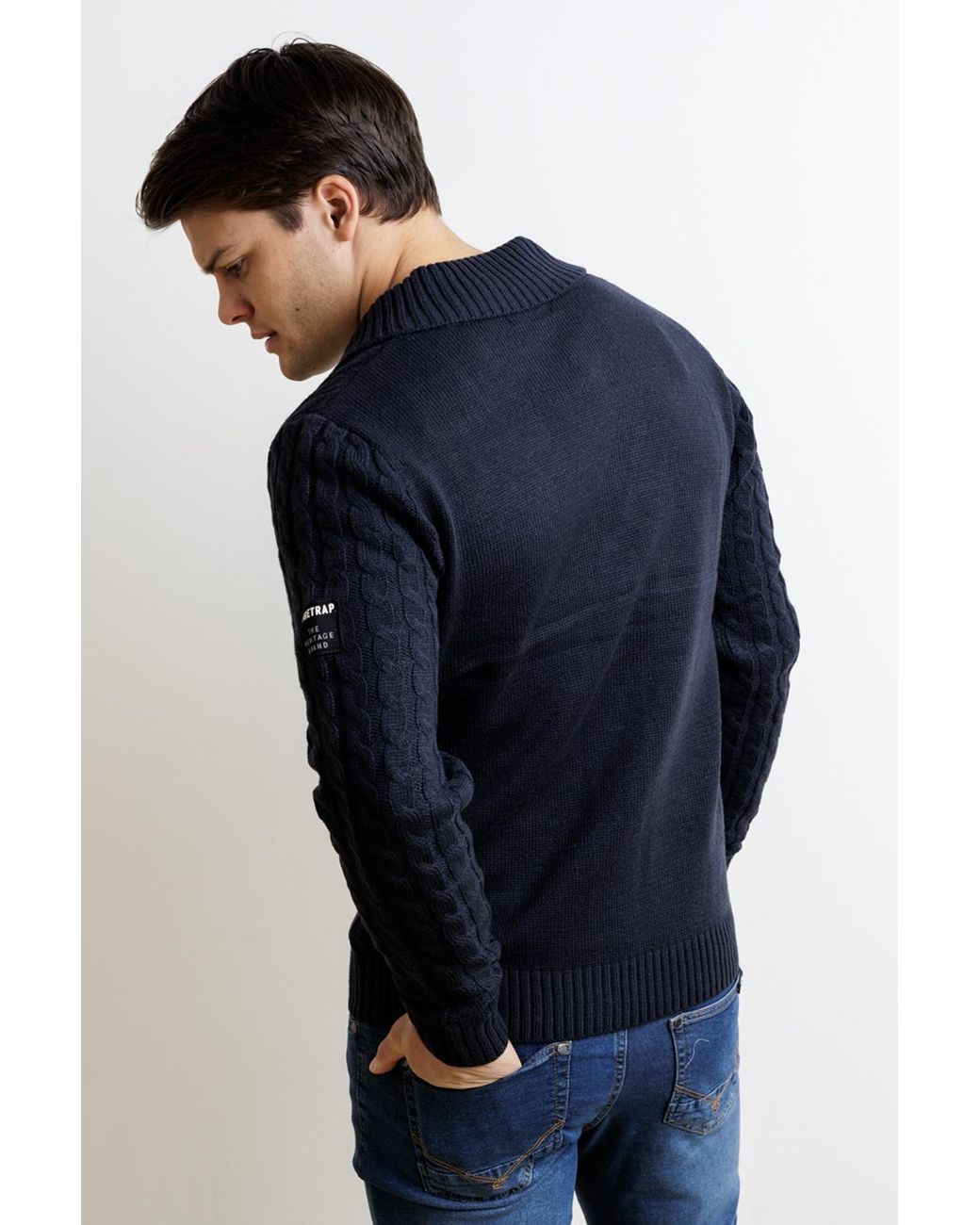 Firetrap Blue Wool Blend Shawl Collar Cable Cardigan for men