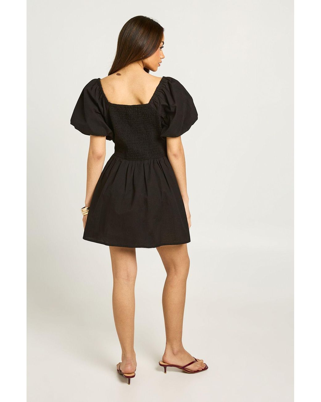 Boohoo Black Linen Look Volume Sleeve Mini Dress