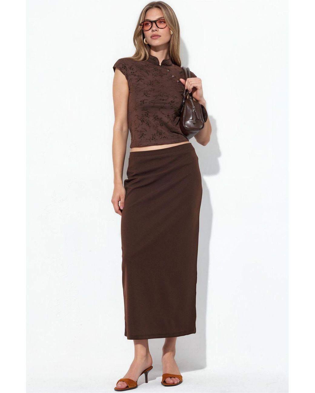 Busem Brown Midi Straight Crepe Skirt