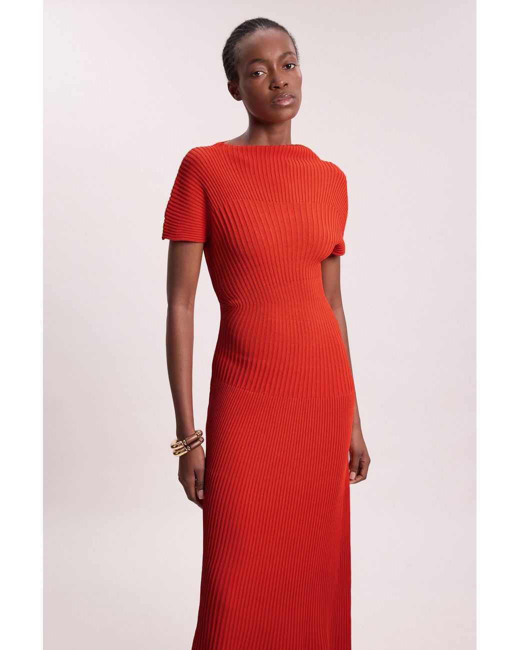 Karen Millen Red Stitch Detail Knit Midi Dress