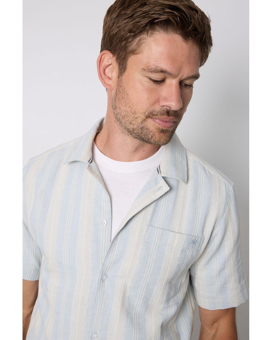 MAINE White Textured Stripes Revere Short Sleeve Shirt Cotton for men