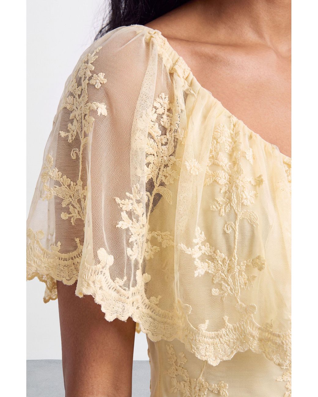 Warehouse Natural V Neck Ruffle Tulle Embroidered Maxi Dress