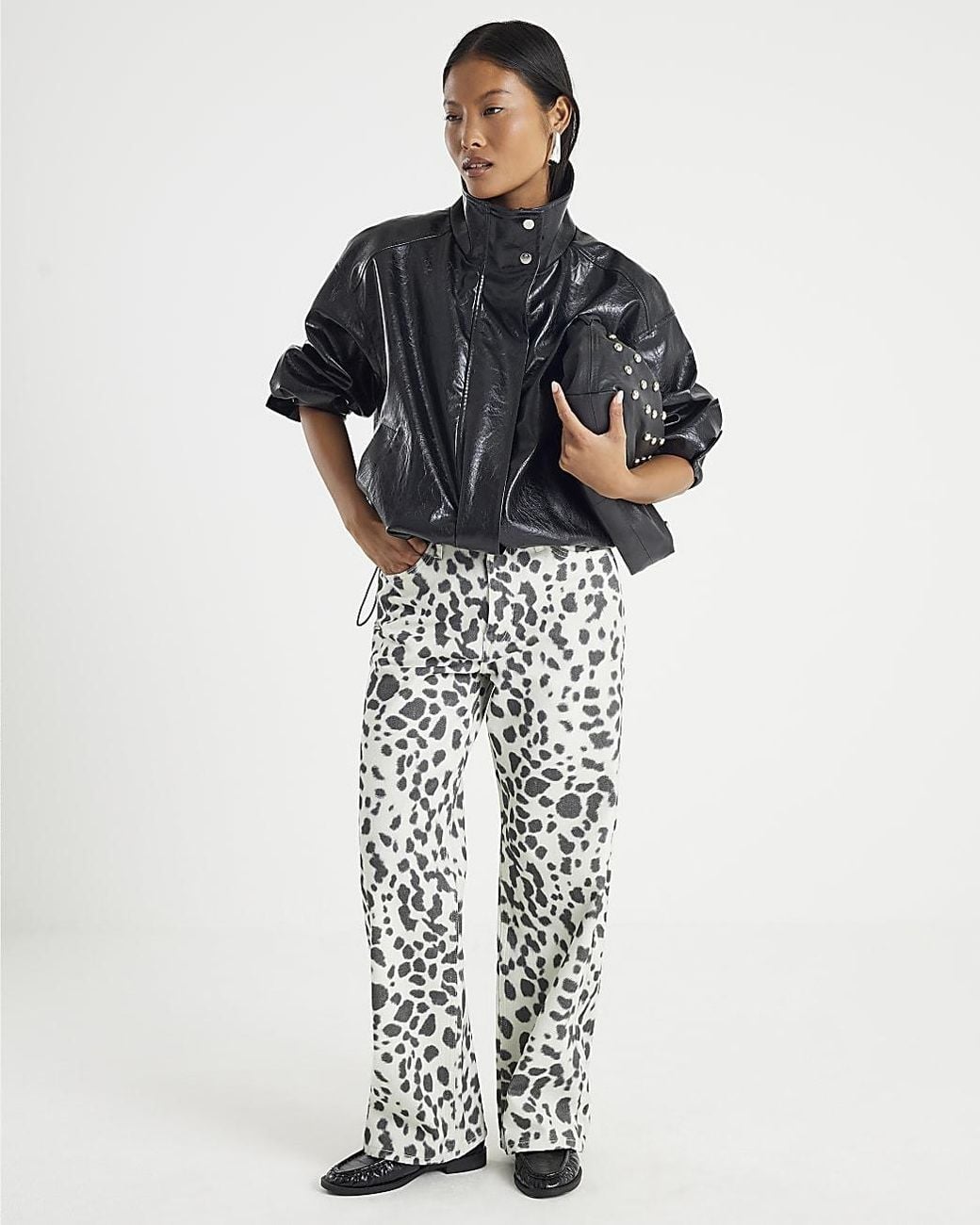 River Island White Straight Leg Jeans Petite Leopard Print Cotton