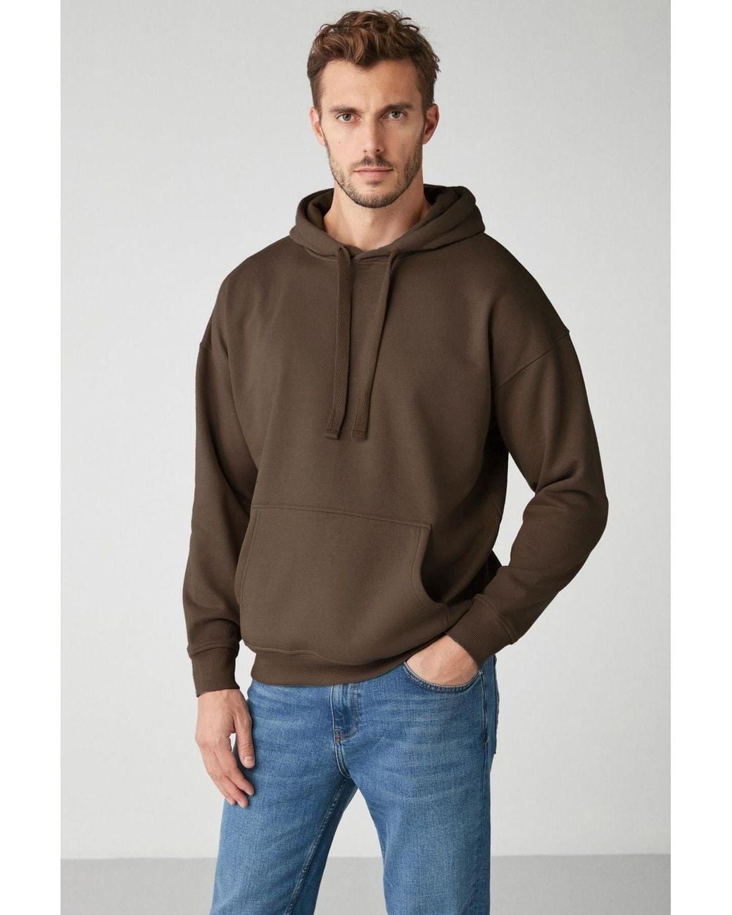 Grimelange Brown Oversized Hooded Pocket Sweatshirt for men