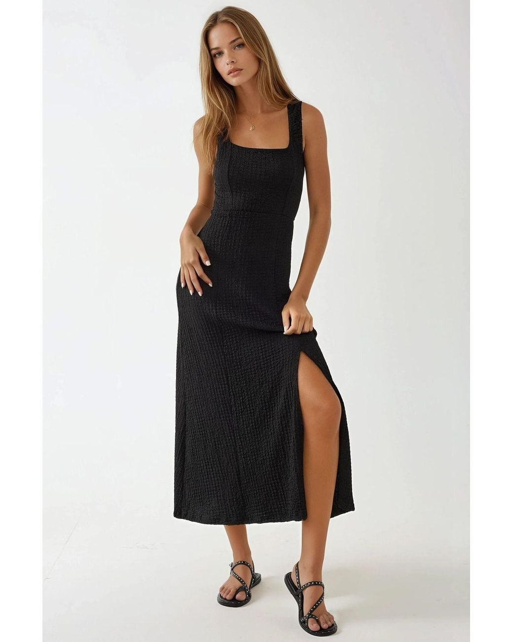 Hiccup Black Textured Midi Dress With Square Collar