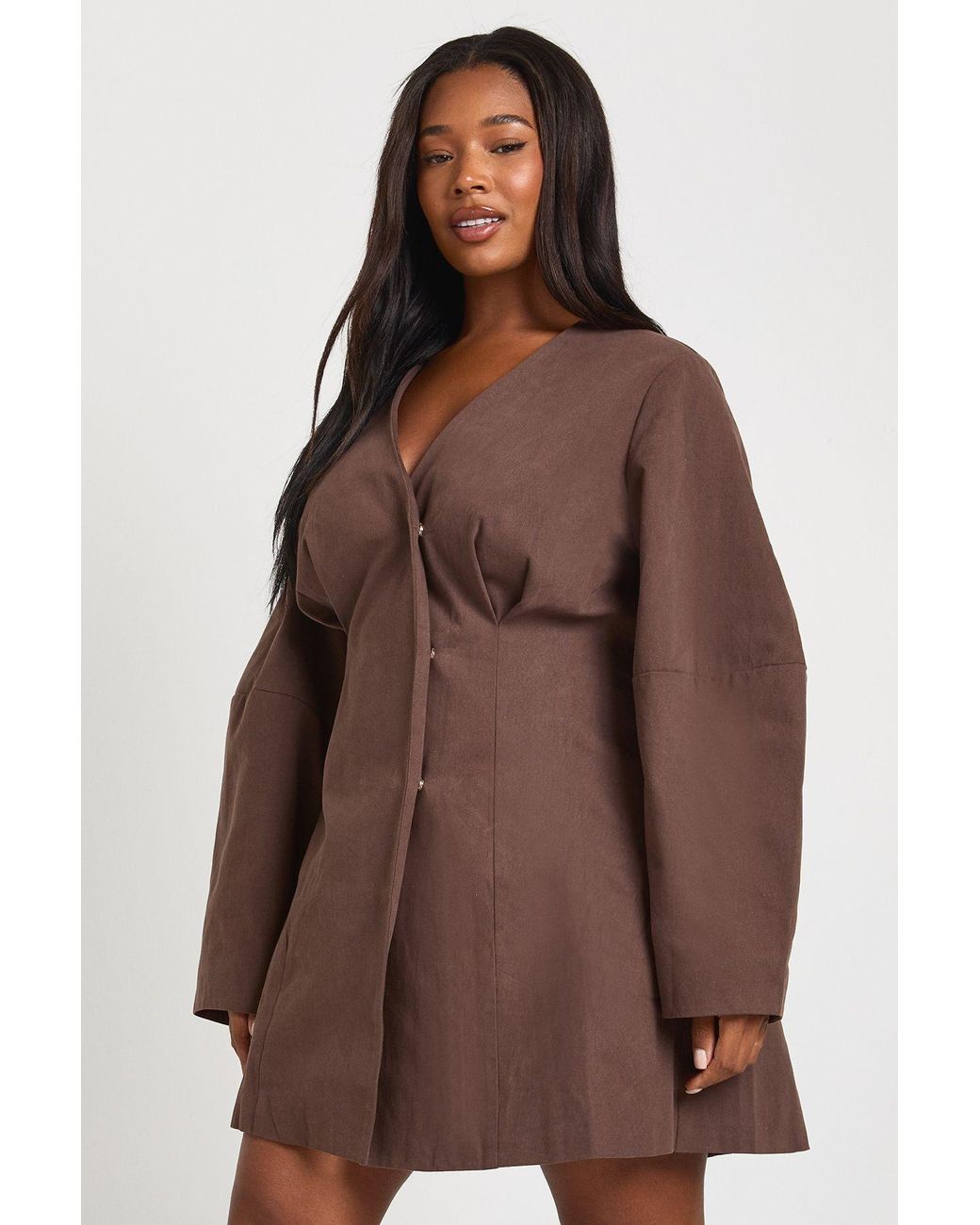 Boohoo Brown Plus Twill Balloon Sleeve Cinched Mini Dress