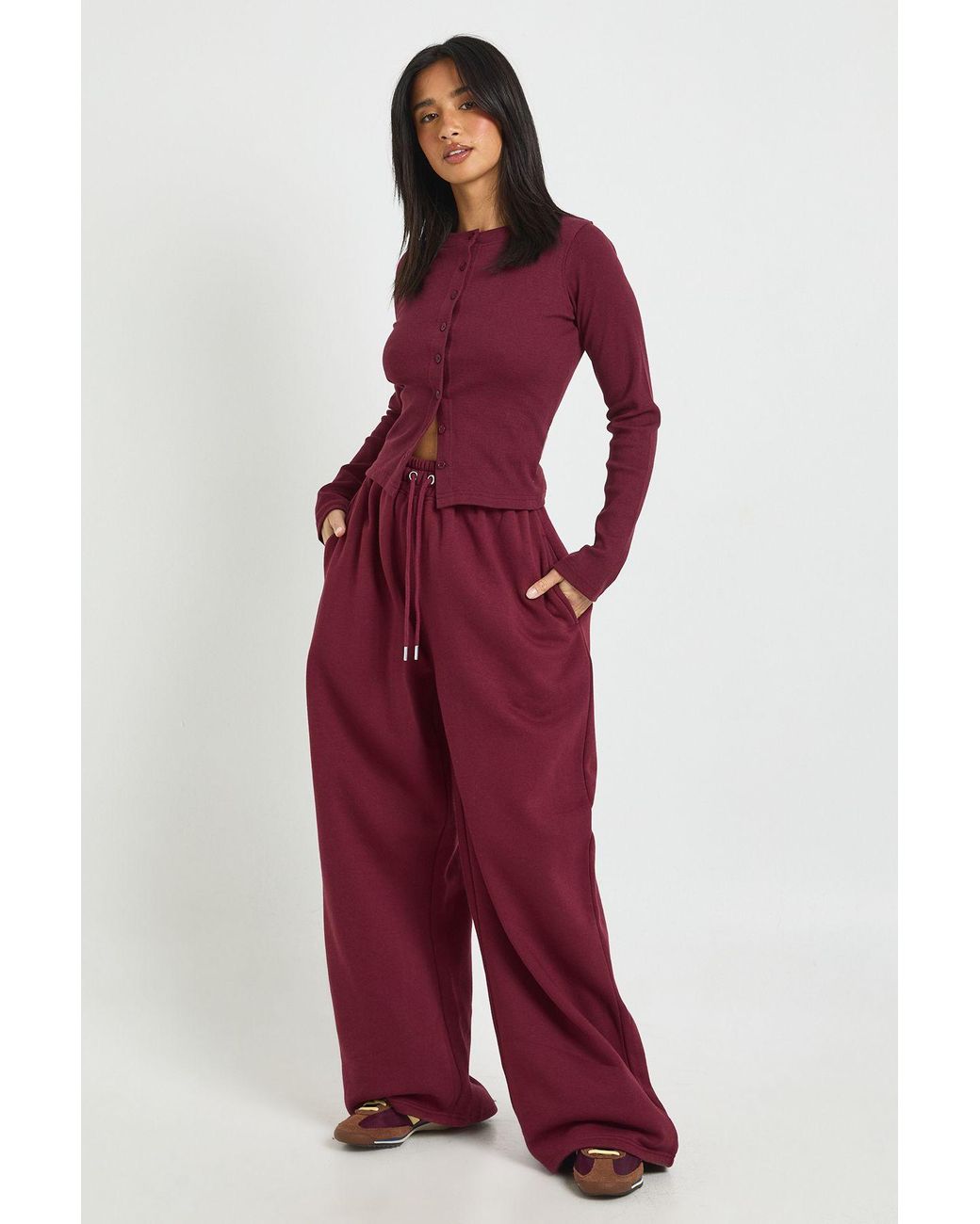 Boohoo Red Petite Rib Button Through Long Sleeve Top Tracksuit