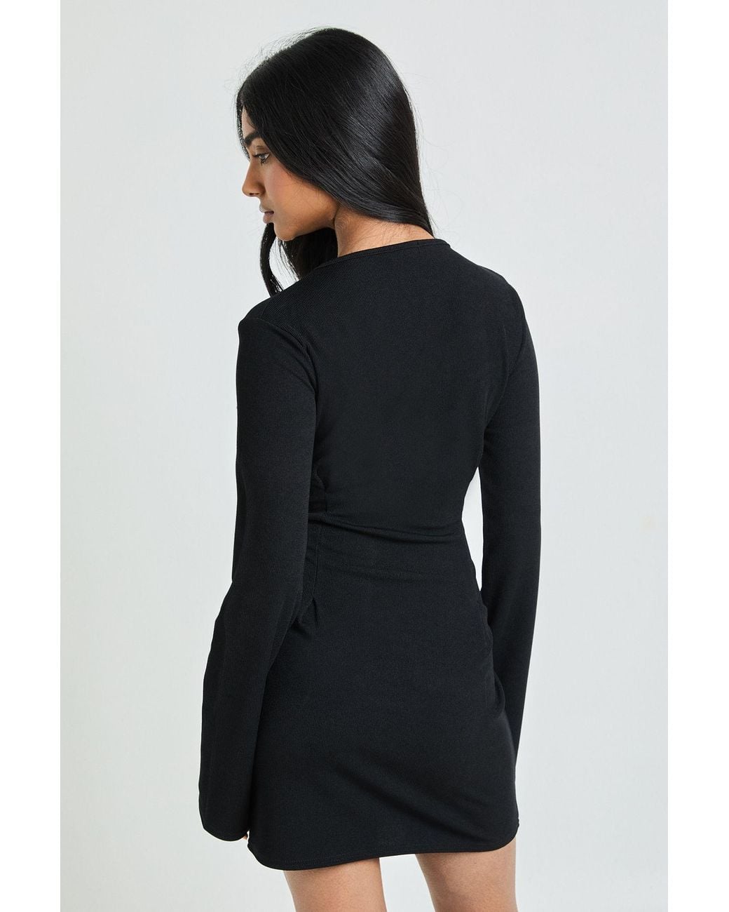 Boohoo Black Ribbed Cinched Waist Long Sleeve Dress