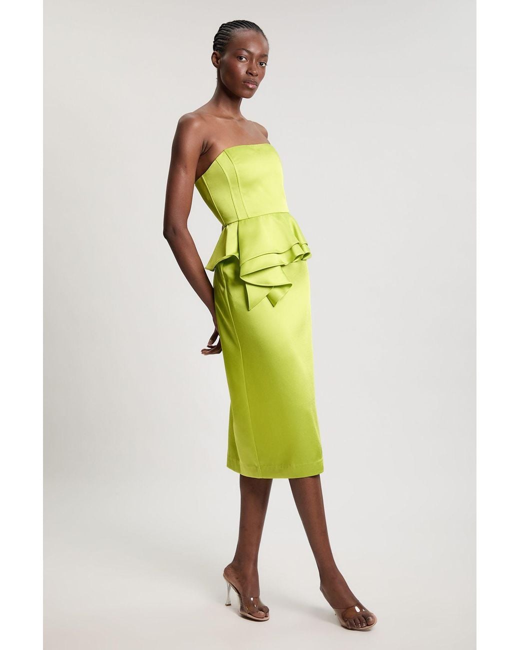 Karen Millen Green Bonded Satin Peplum Pencil Woven Midi Dress