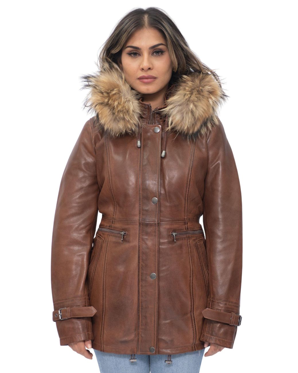 Infinity Leather Brown Hooded Parka Jacket-Putian