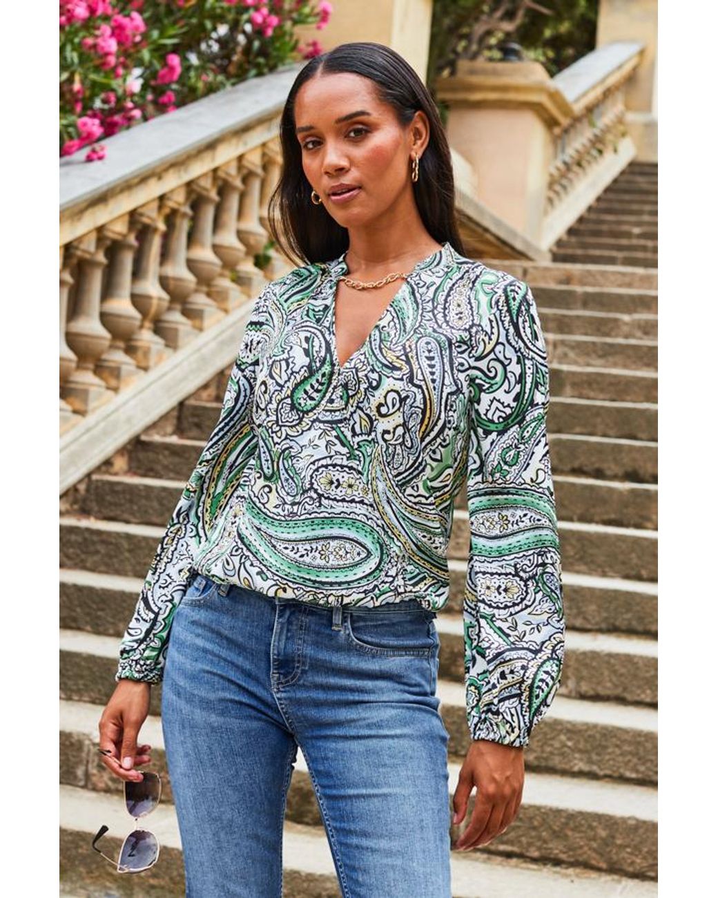 Sosandar Blue Ivory Paisley Print Chain Detail Faux Wrap Satin Blouse
