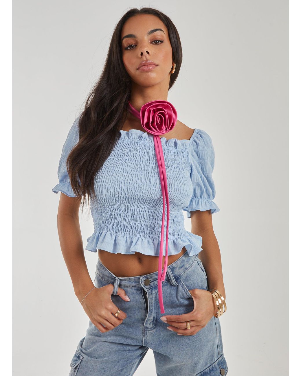 Pink Vanilla White Puff Sleeve Tie Top