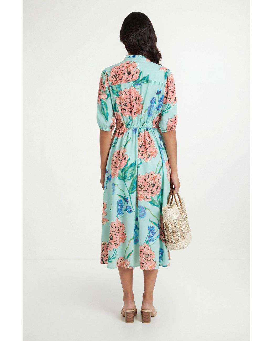 Wallis Blue Floral Puff Sleeve Pintuck Midi Dress