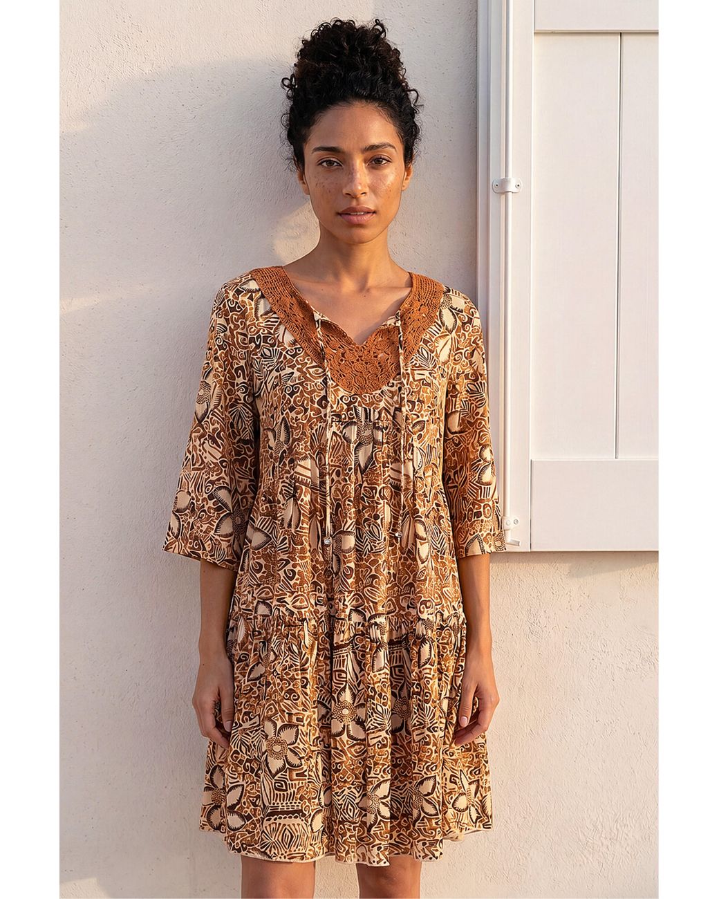 Roman Brown Abstract Print Trim Detail Tie Front Dress
