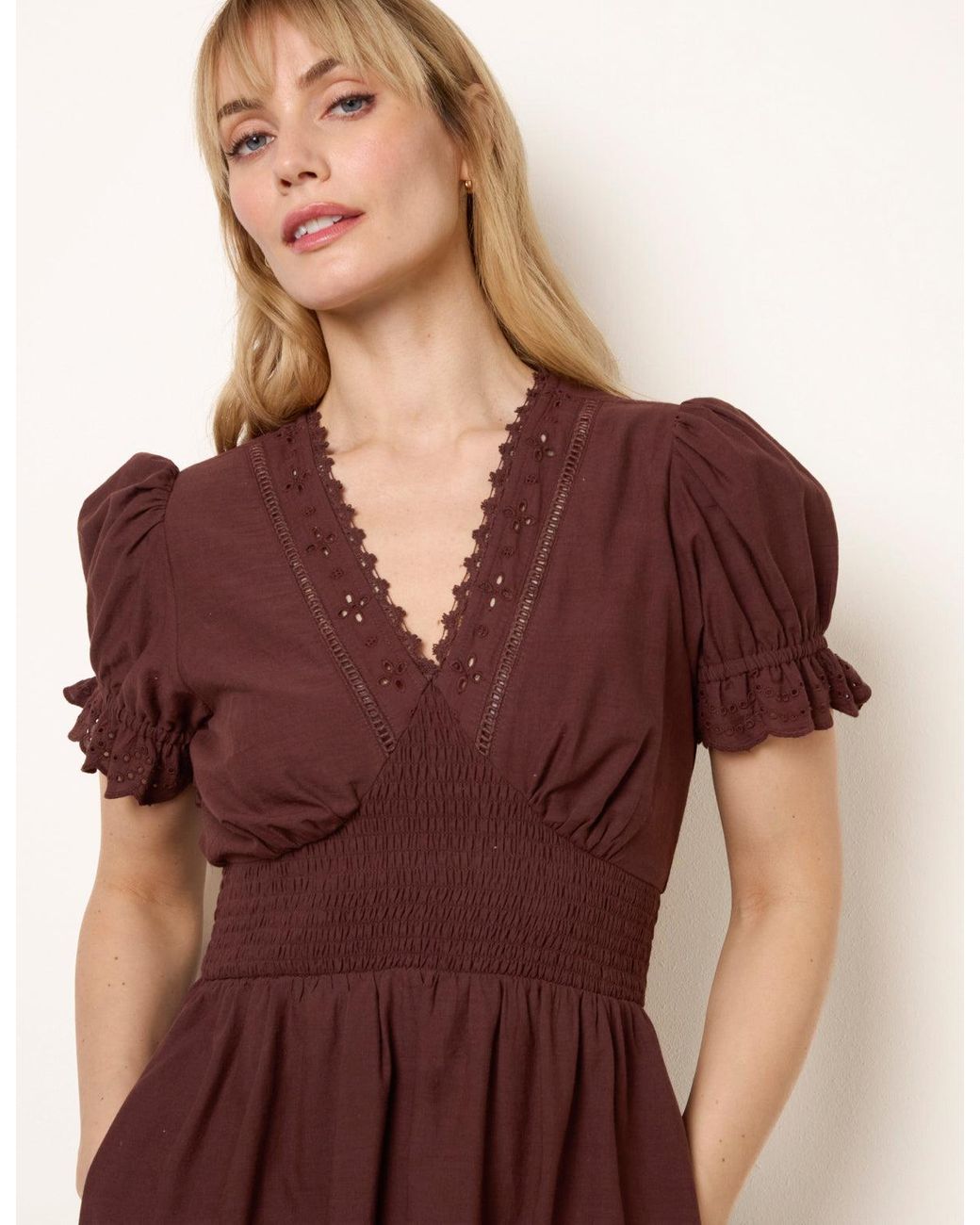 Blue Vanilla Brown Embroidery Detail V-Neck Maxi Dress