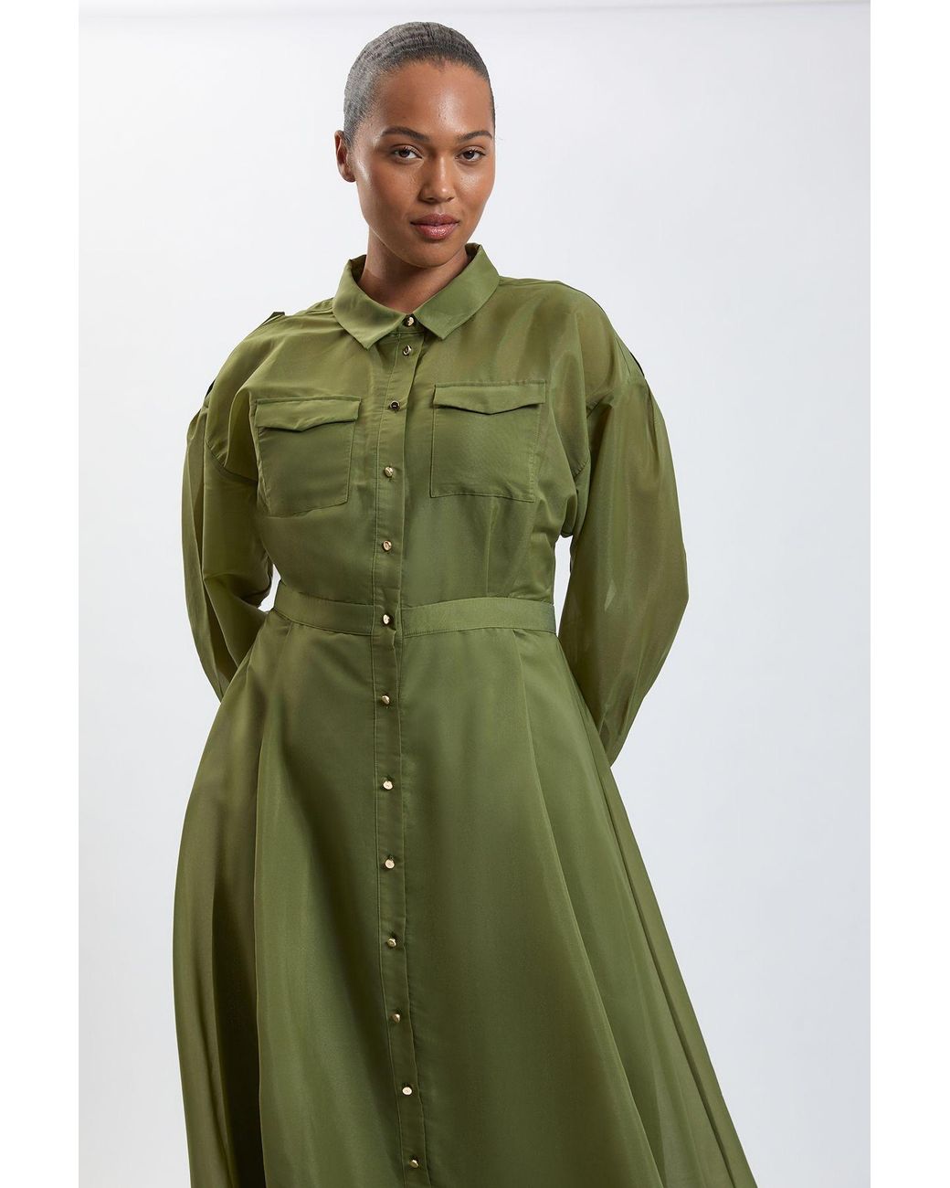 Karen Millen Green Plus Size Trim Detail Organdie Midi Shirt Dress