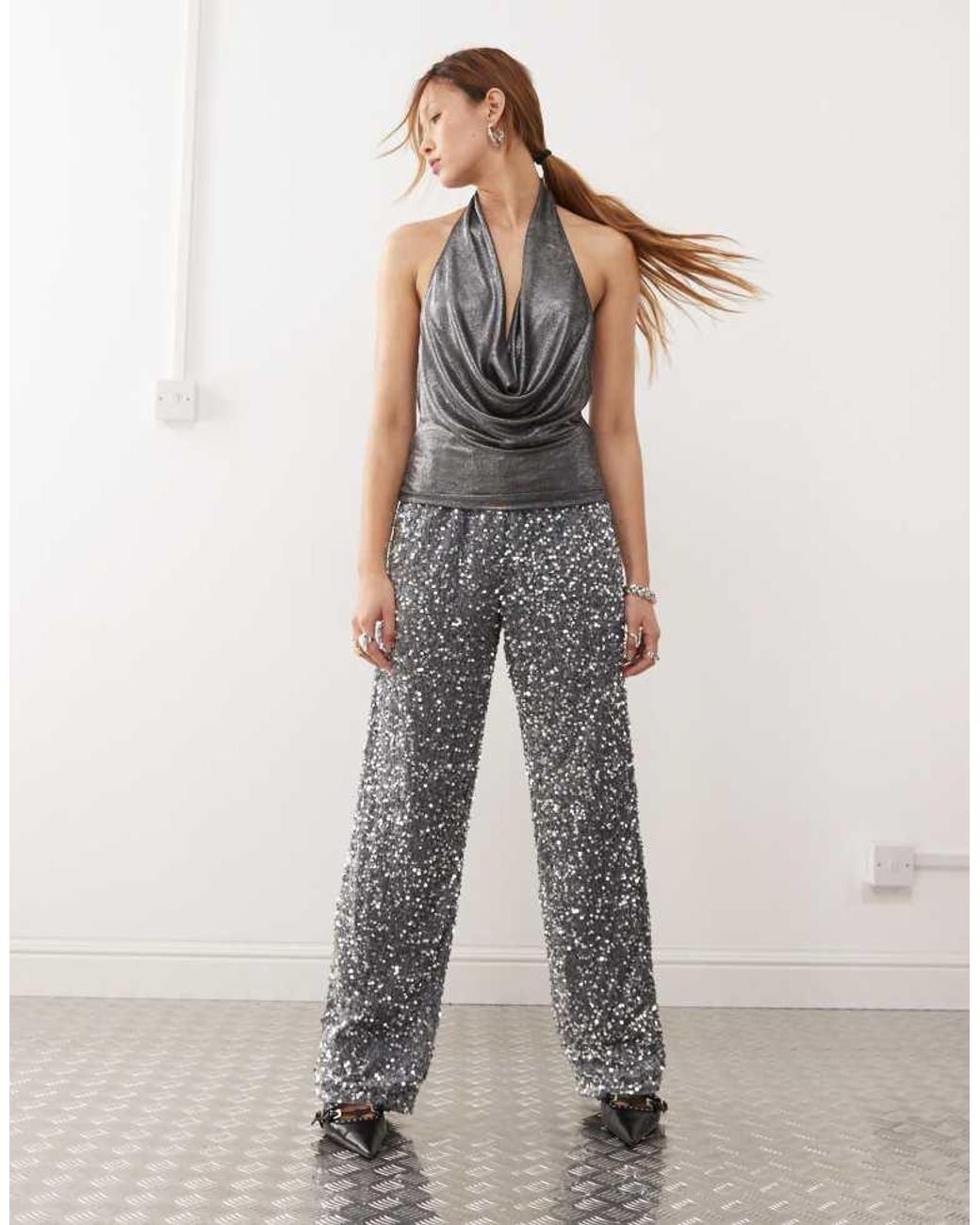 Noisy May Gray Wide Leg Sequin Trouser