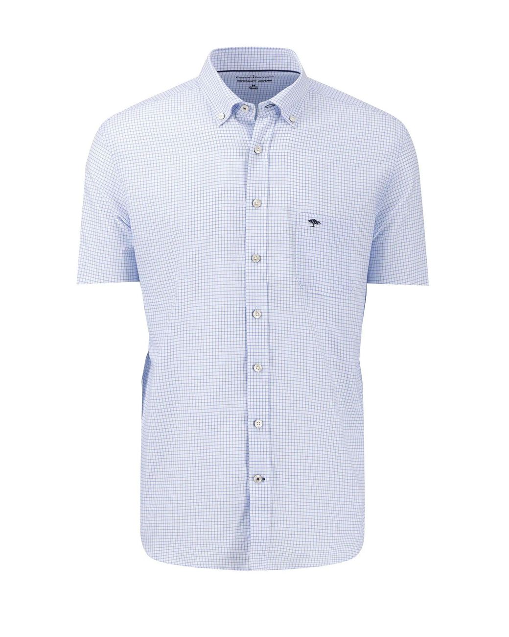 Fynch-Hatton Blue Short Sleeved Oxford Shirt Check Cotton for men