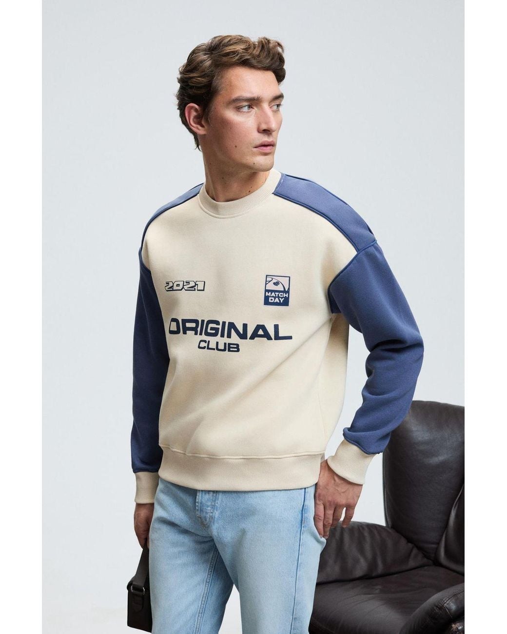 Grimelange White Color Blocked Paneled Crew Sweatshirt for men