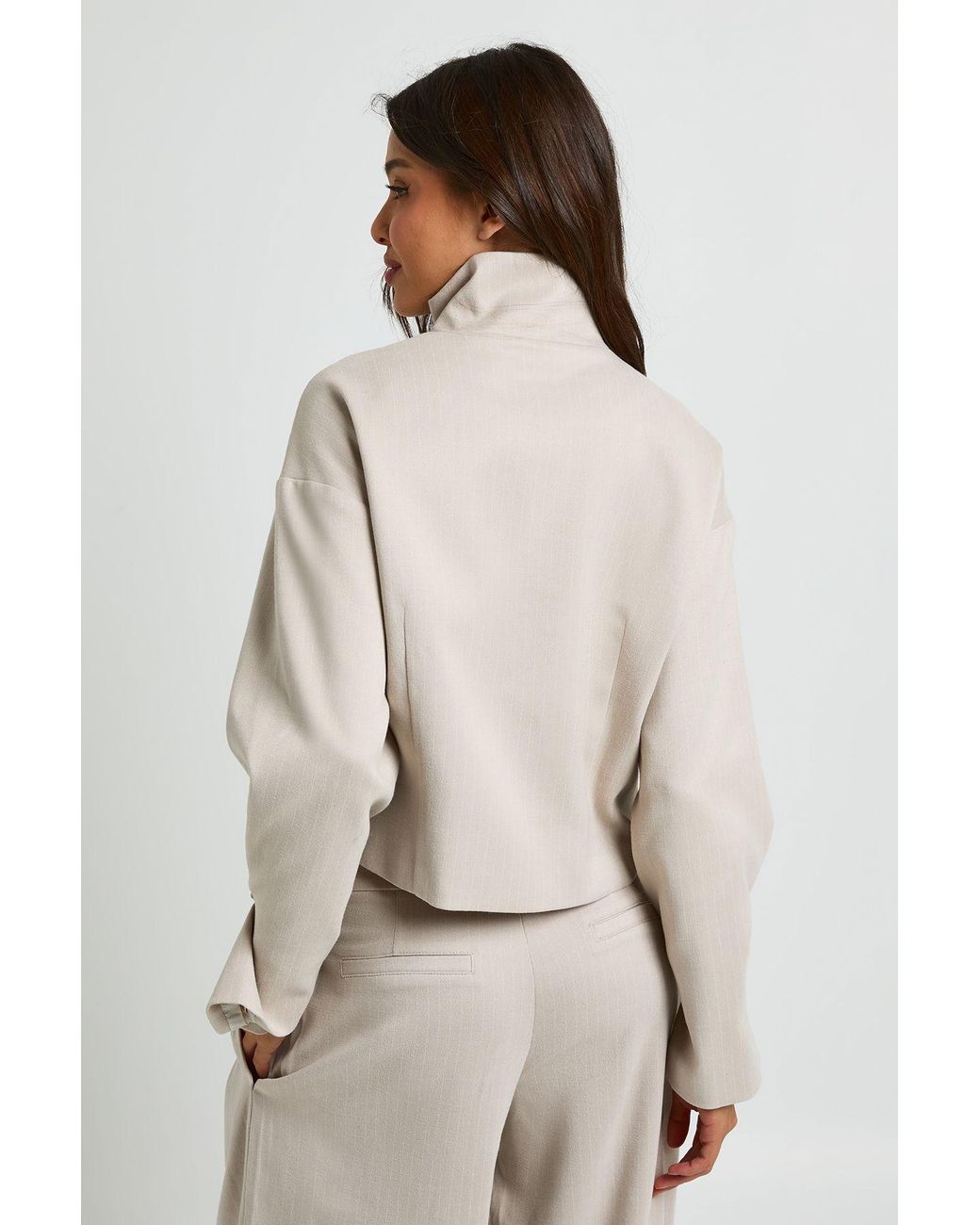 Boohoo Gray Tonal Stripe Funnel Neck Tailored Jacket