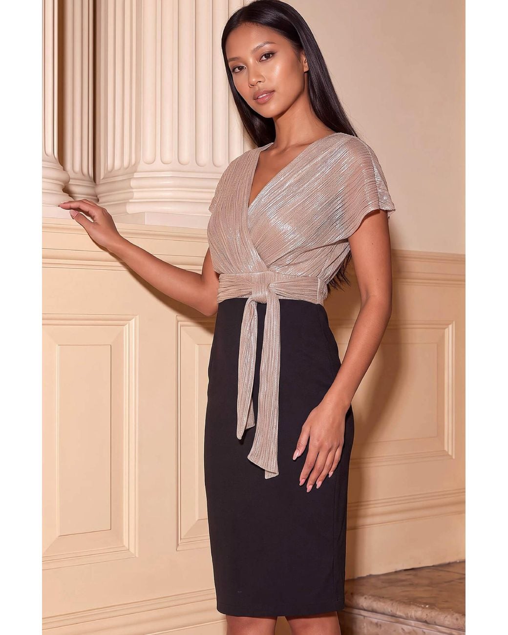 Roman Black Petite Plisse Bodice Midi Dress