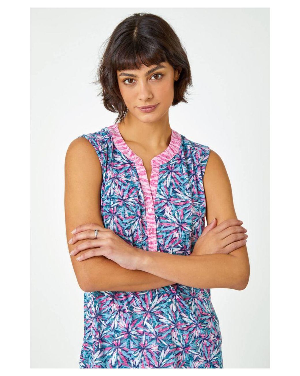 Roman Blue Sleeveless Floral Print Top