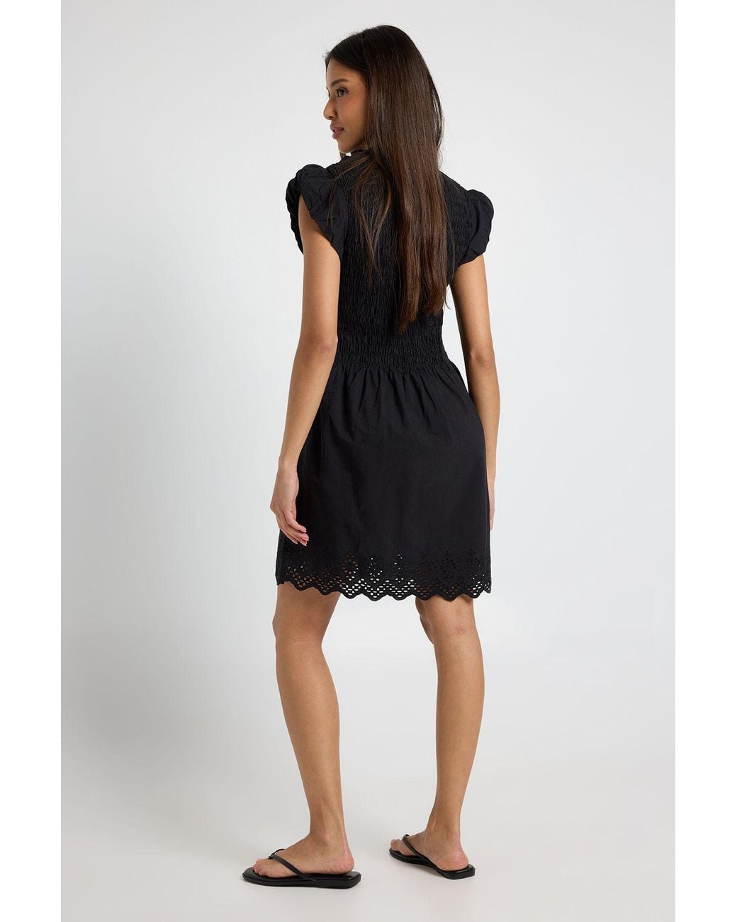 Boohoo Black Shirred Body Mini Dress With Broderie Hem
