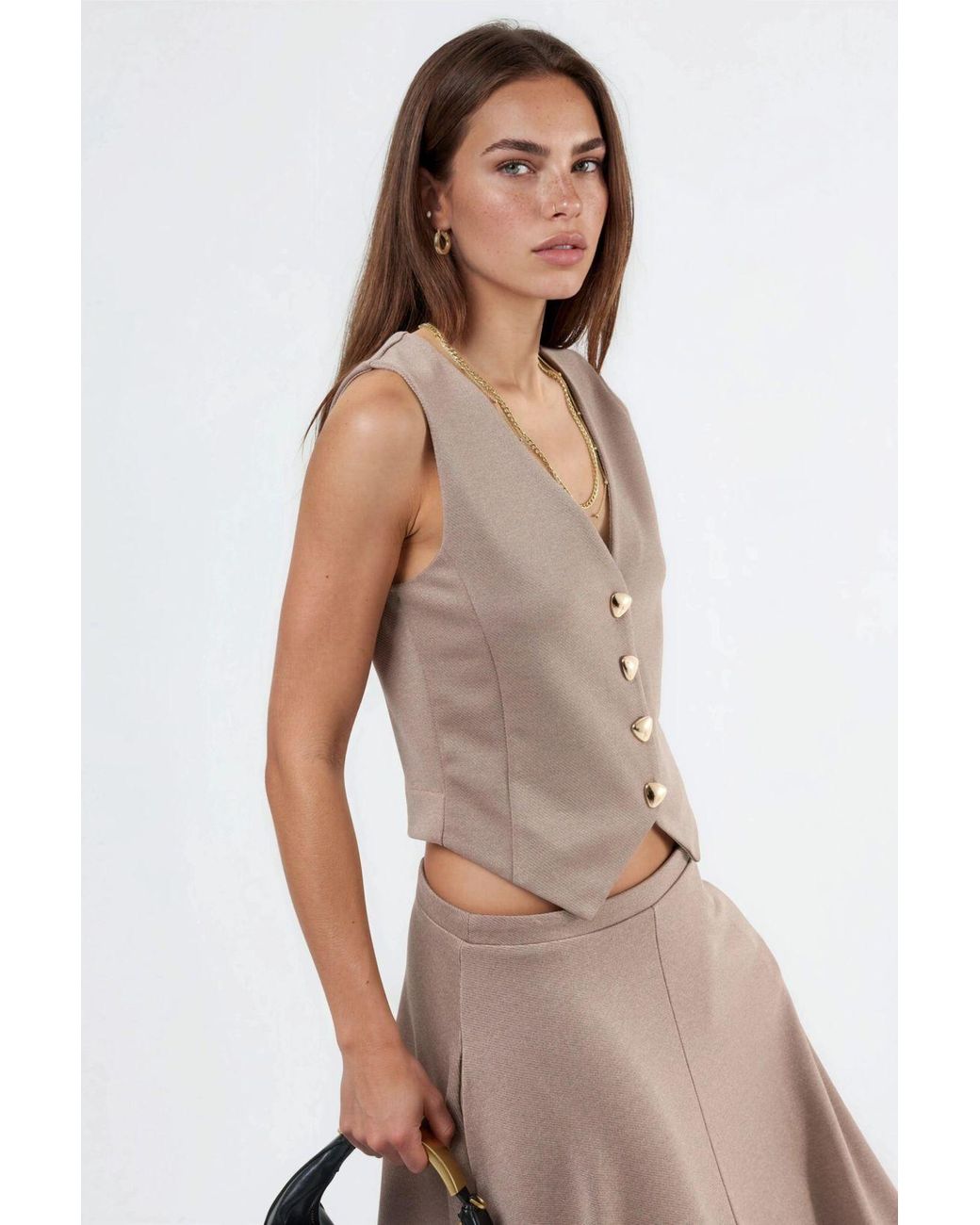 Busem Brown Solid V-Neck Buttoned Vest