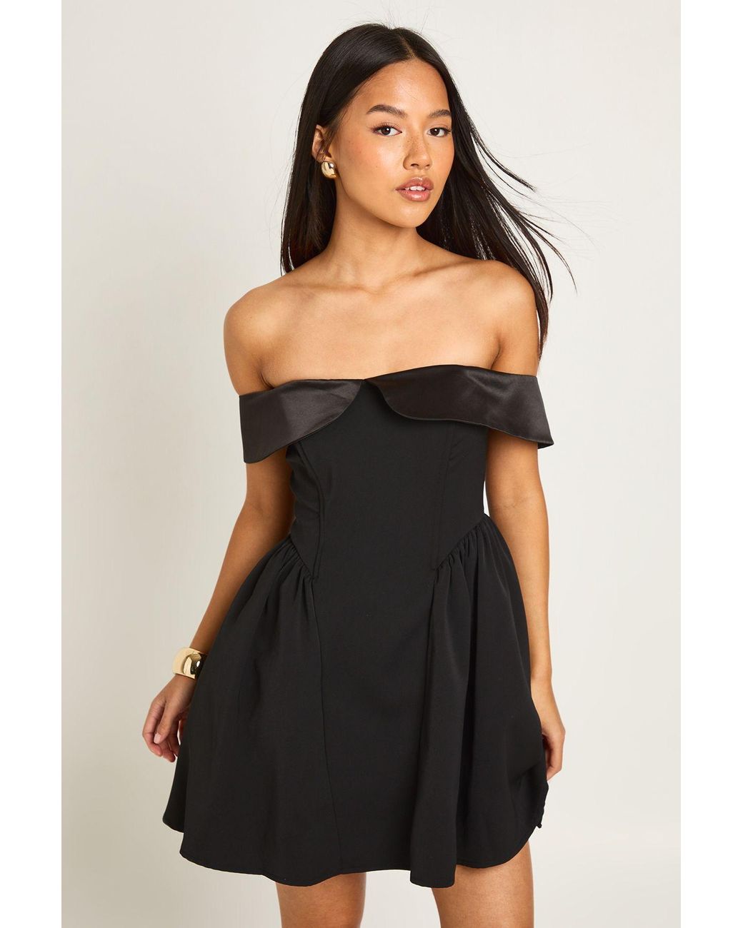 Boohoo Black Petite Off The Shoulder Skater Mini Dress