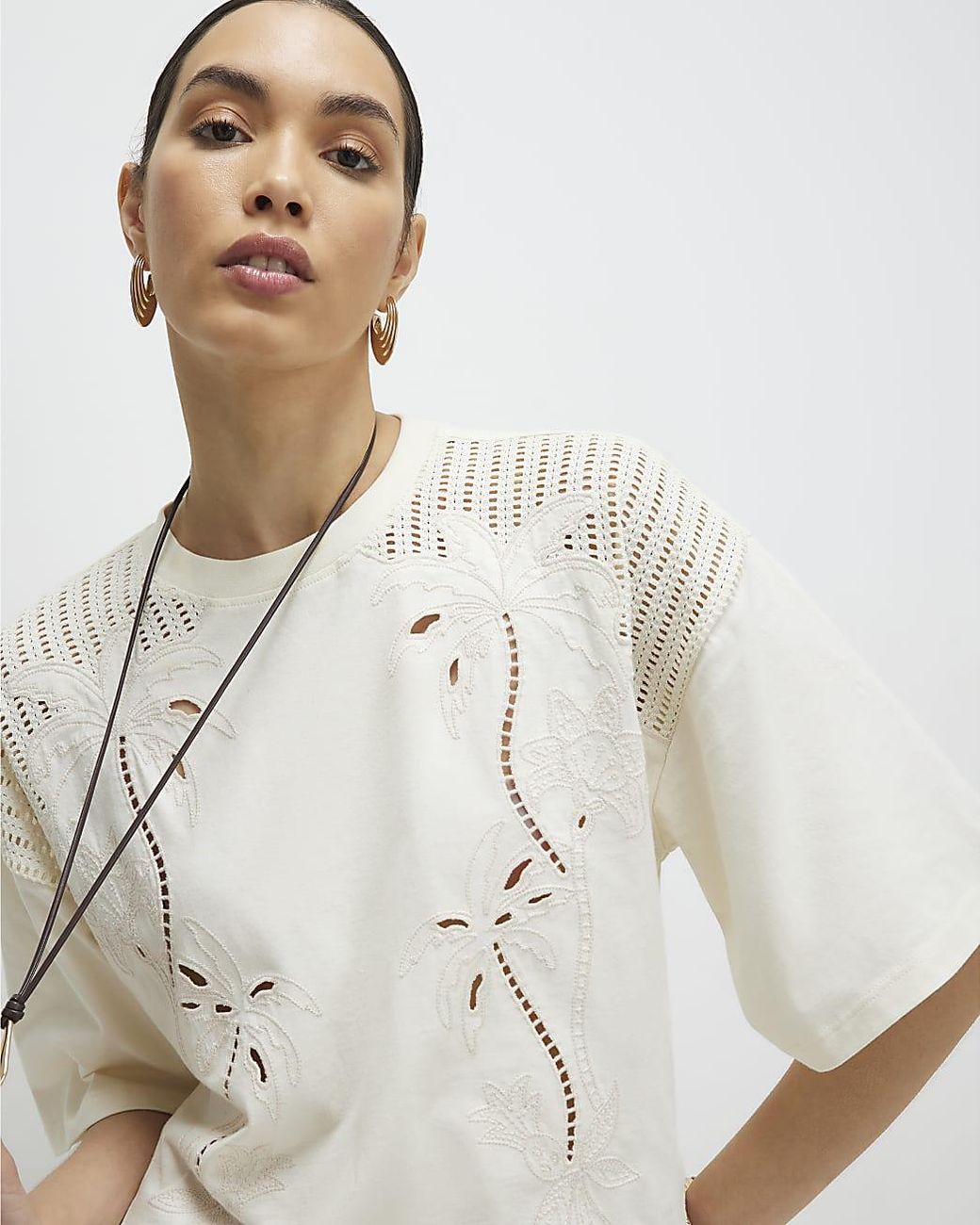 River Island Natural T-Shirt Short Sleeve Palm Broderie Cotton
