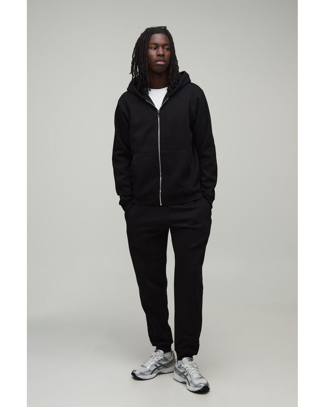 BoohooMAN Blue Regular Zip Through Hooded And Straight Leg Cuffed Jogger for men