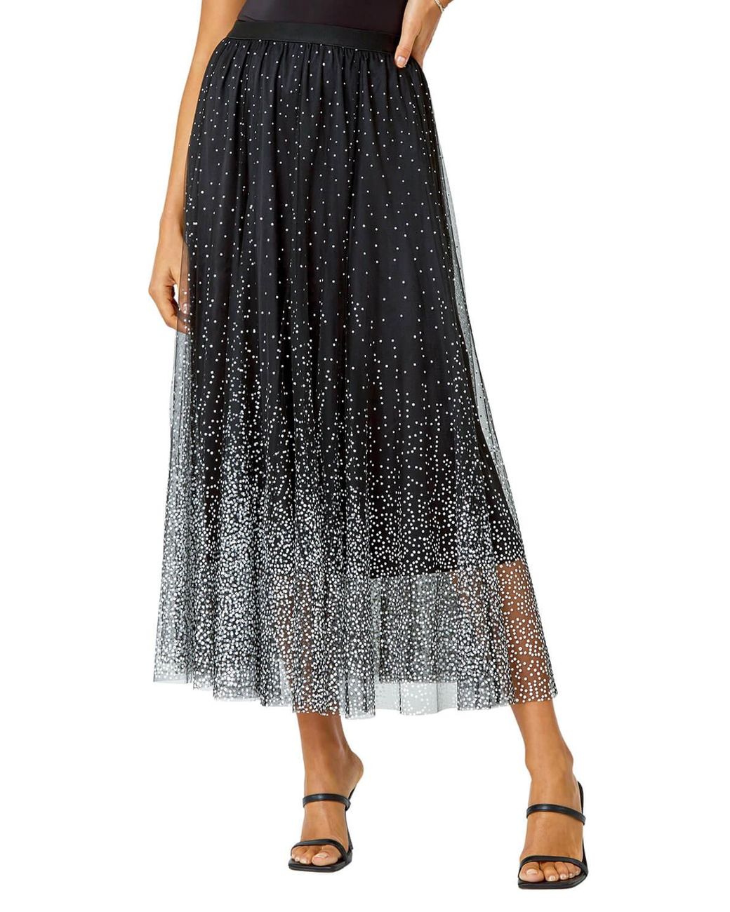 Roman Black Polka Dot Print Elasticated Mesh Skirt
