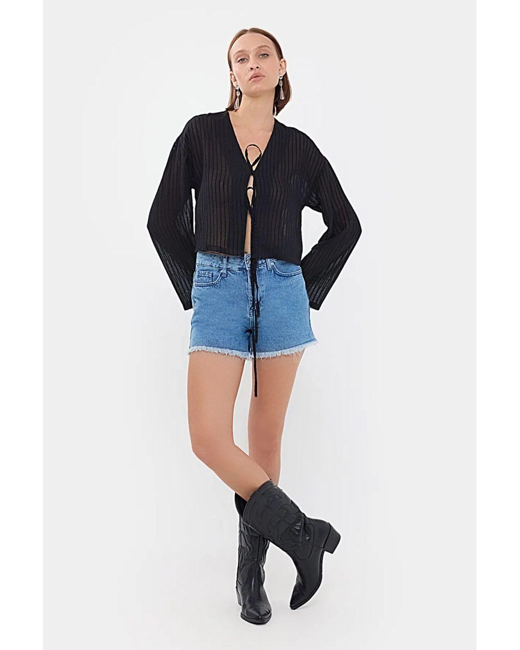 Hiccup Blue Striped Mesh V-Neck Blouse With Tie-Front