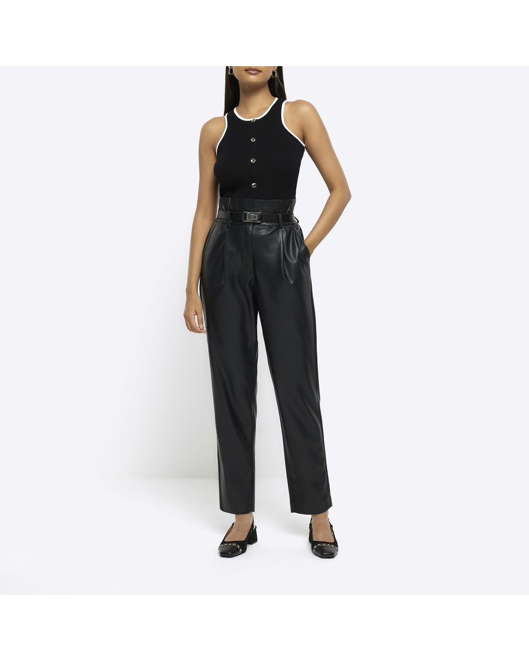 River Island Blue Paperbag Trousers Faux Leather Pu