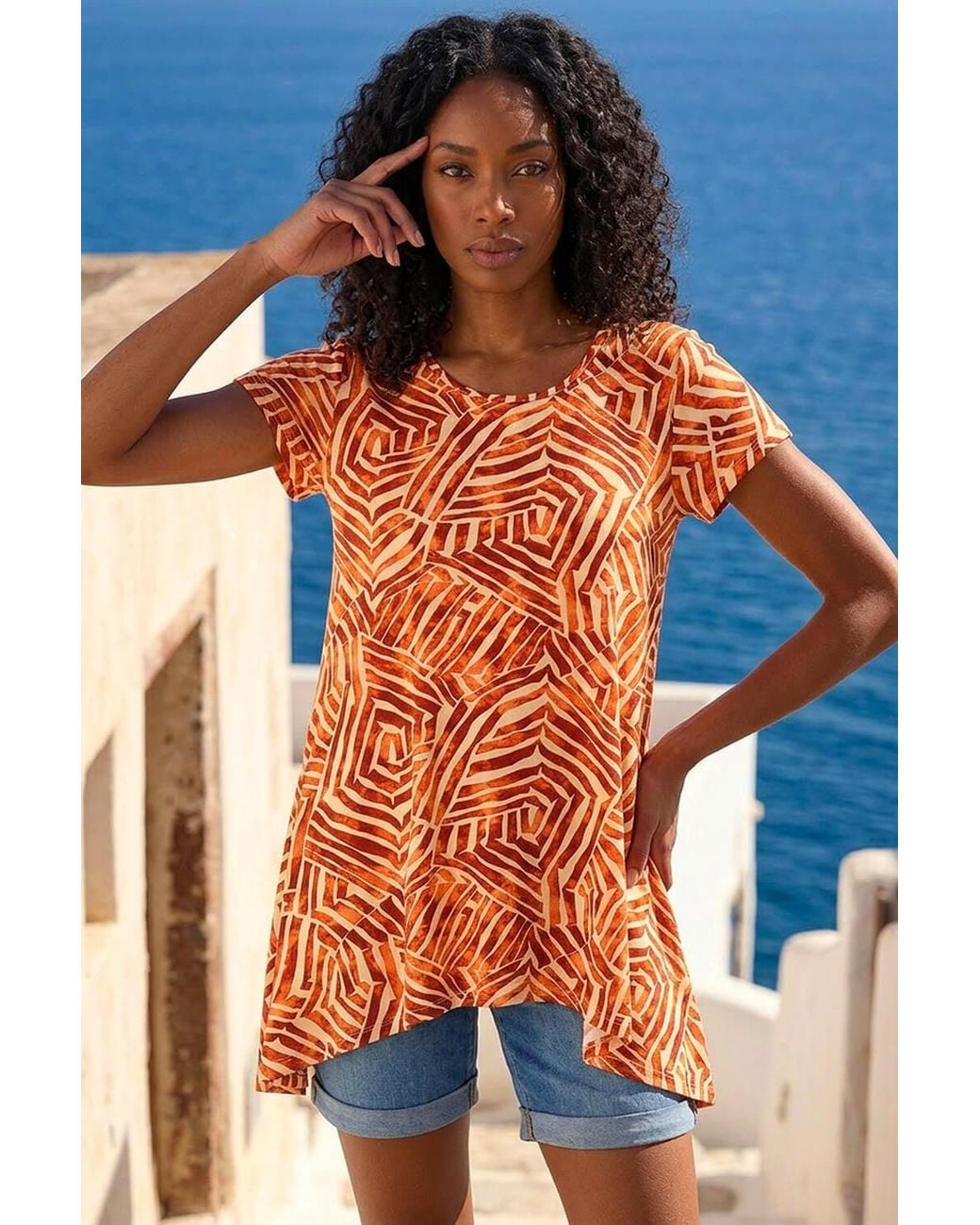 Roman Orange Leaf Print Hanky Hem Tunic Top