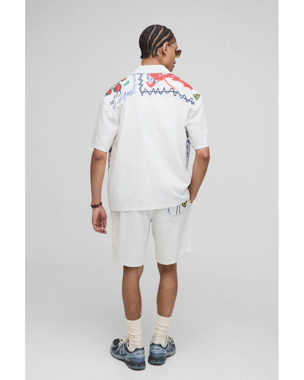 BoohooMAN White Oversized Linen Blend Conversational Printed Shirt & Short Set for men