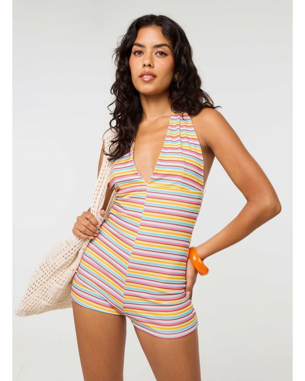 Pink Vanilla Multicolor Multi Stripe Halter Playsuit