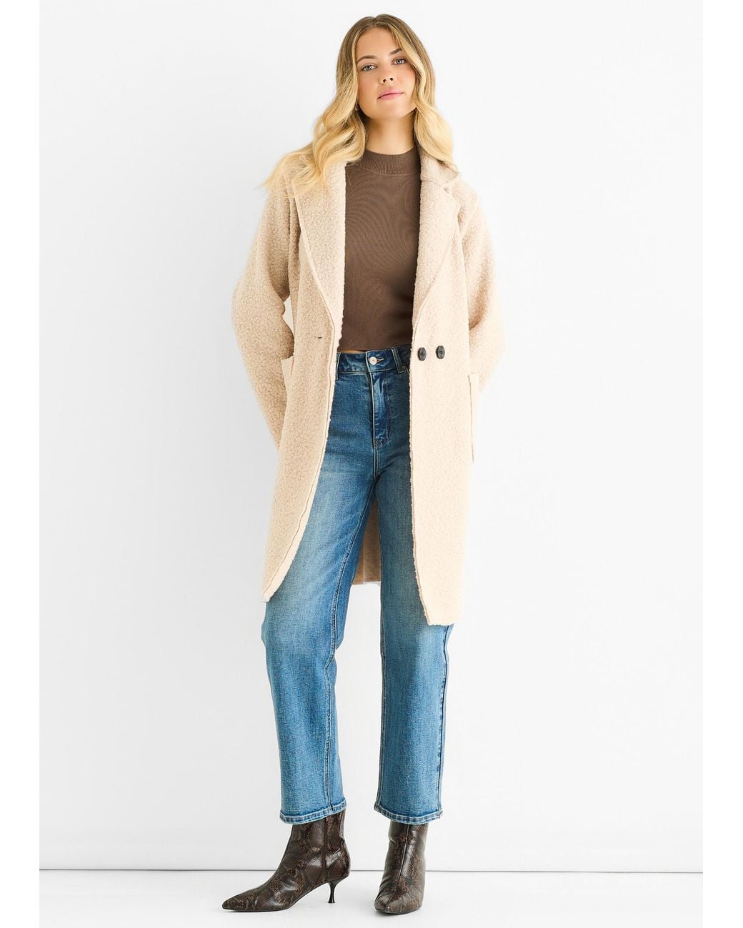 Gini London Blue Shearling Mid Length Double Breasted Jacket