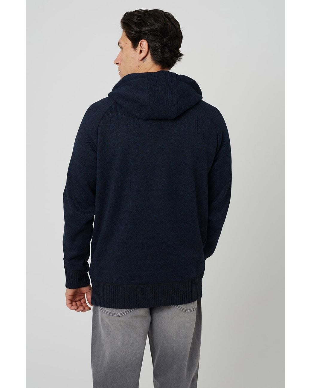 Brave Soul Blue Dark High Neck Zip Through Hoodie for men