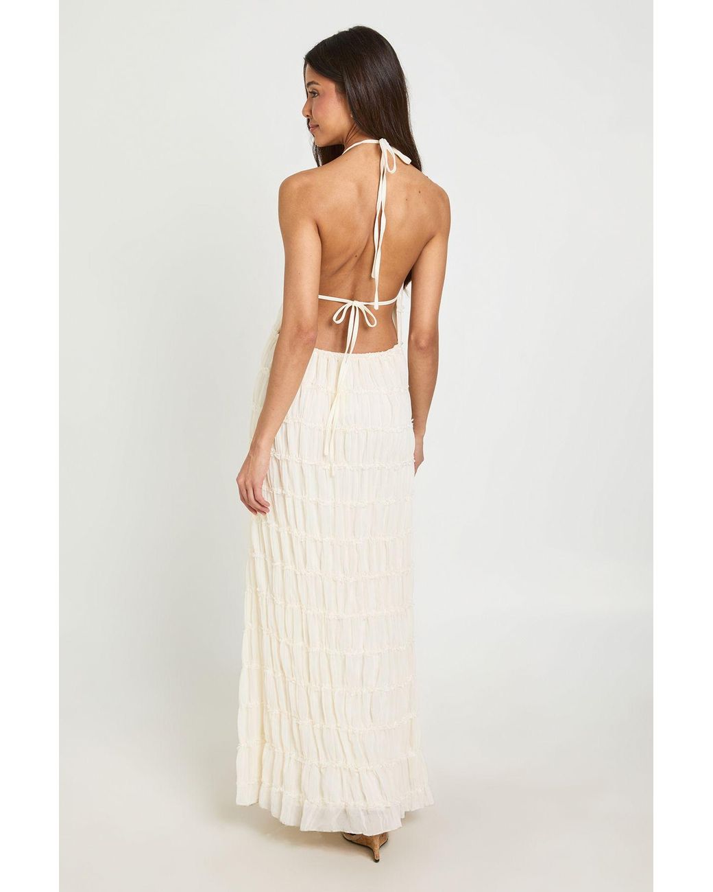 Boohoo Natural Textured Chiffon Open Back Midaxi Dress