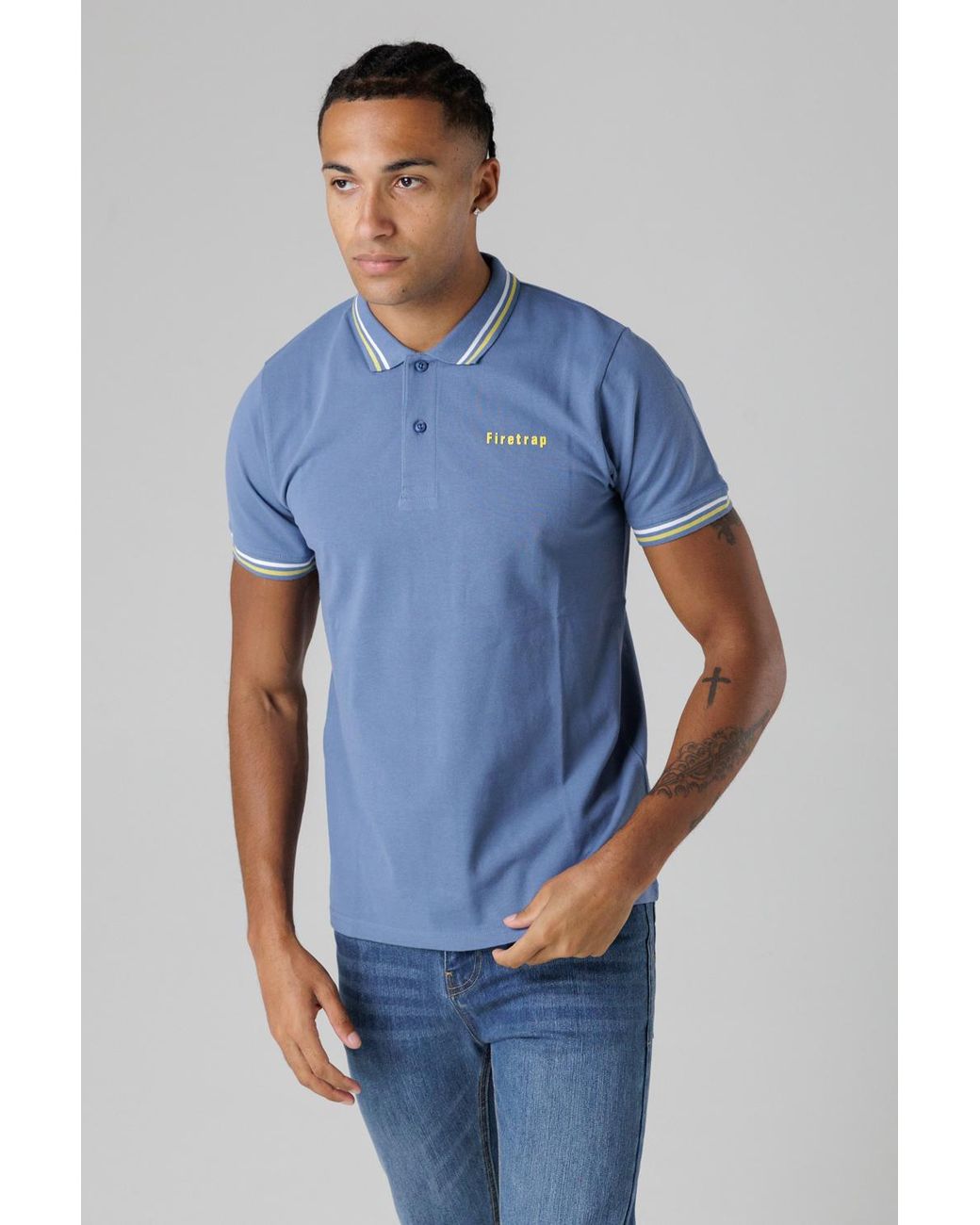 Firetrap Blue Mid Regular Fit Cotton Button Polo Shirt With Stripe Detail for men
