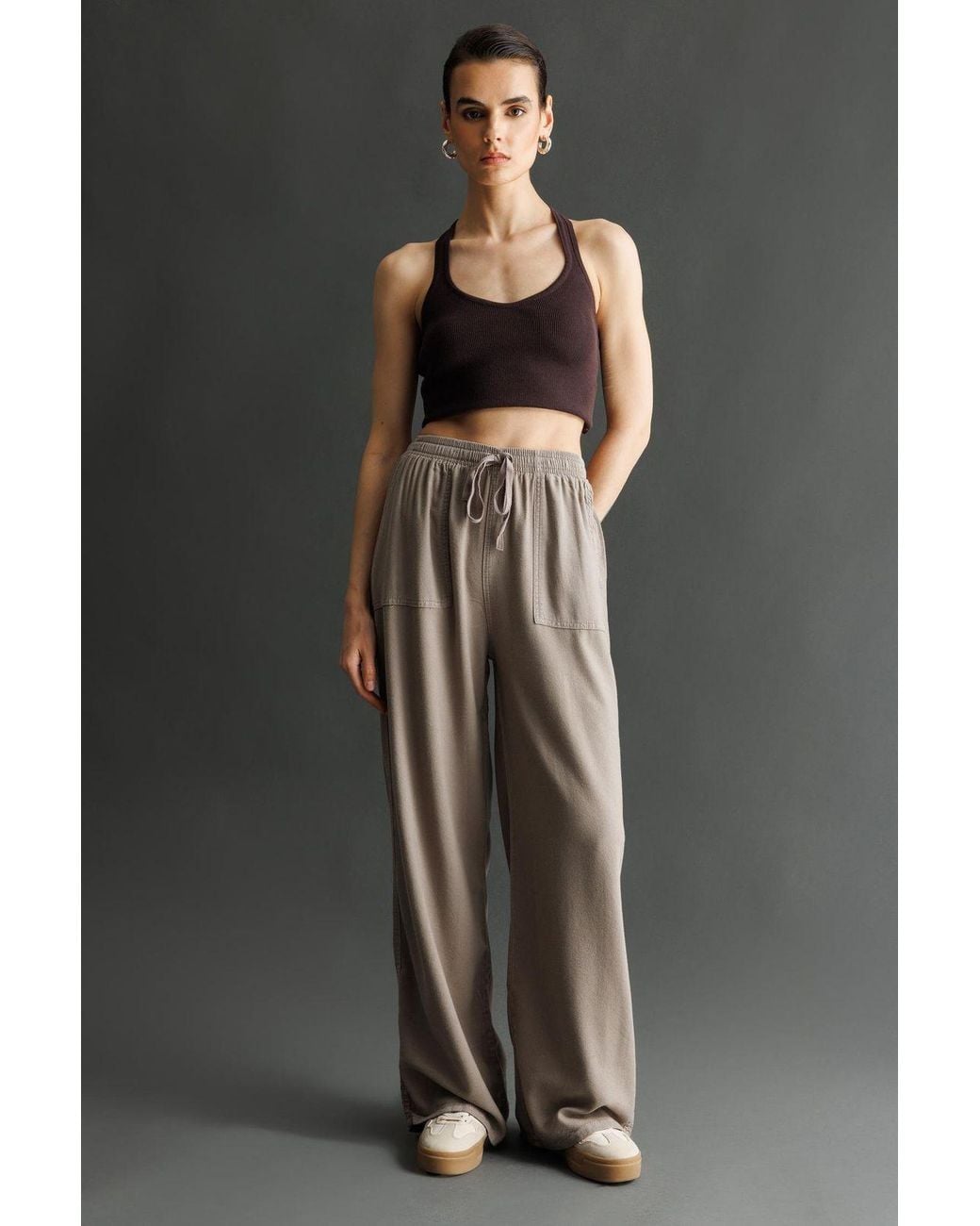 MixRay Black Mid Waist Straight Leg Cotton Pants With Tie Closure