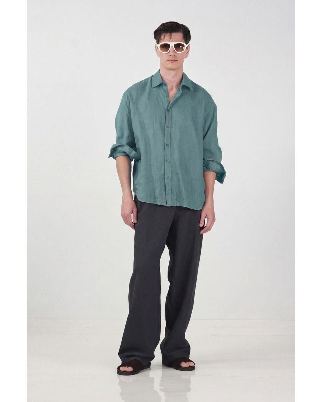 Giesto Green Oversized Linen-Blend Long-Sleeve Shirt for men